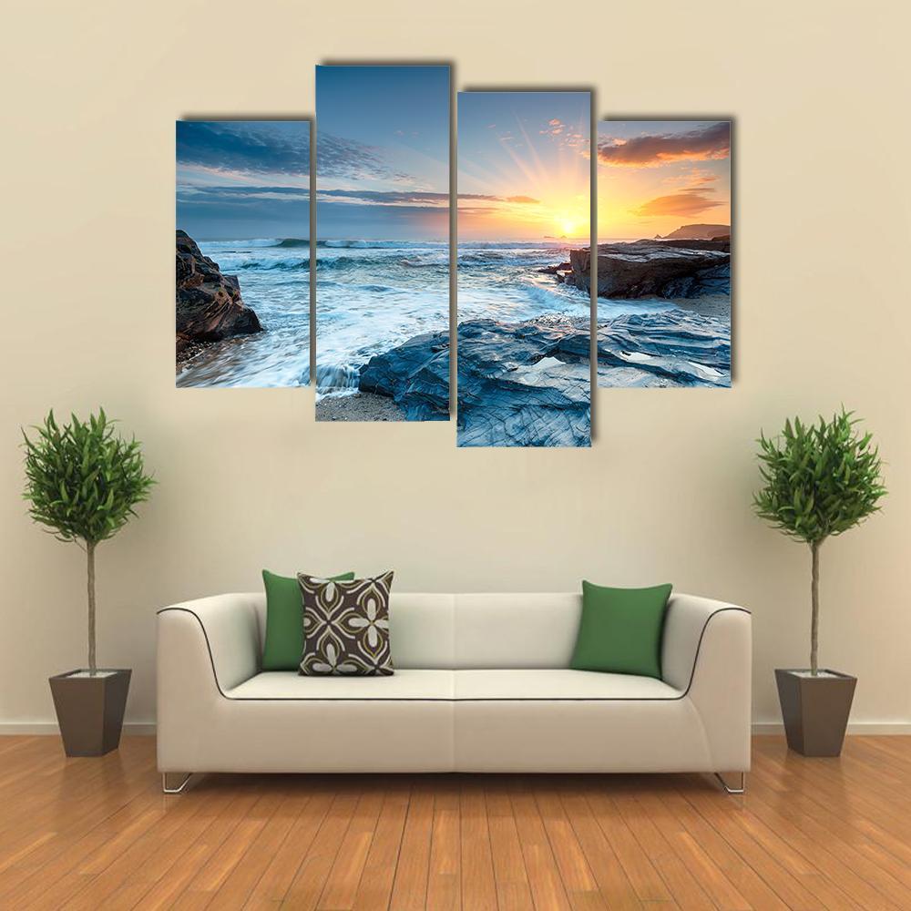Sunset And Waves At Booby's Bay Canvas Wall Art-4 Pop-Gallery Wrap-50" x 32"-Tiaracle