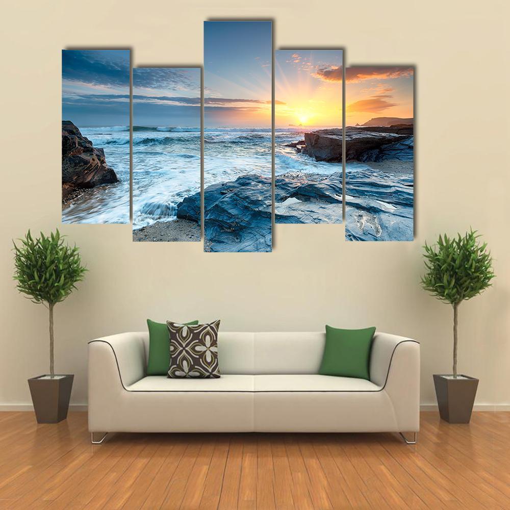 Sunset And Waves At Booby's Bay Canvas Wall Art-5 Pop-Gallery Wrap-47" x 32"-Tiaracle