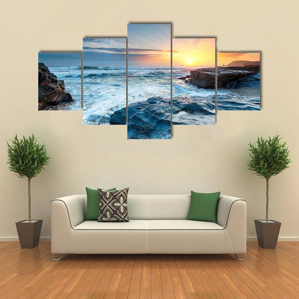 Sunset And Waves At Booby's Bay Canvas Wall Art-4 Pop-Gallery Wrap-50" x 32"-Tiaracle