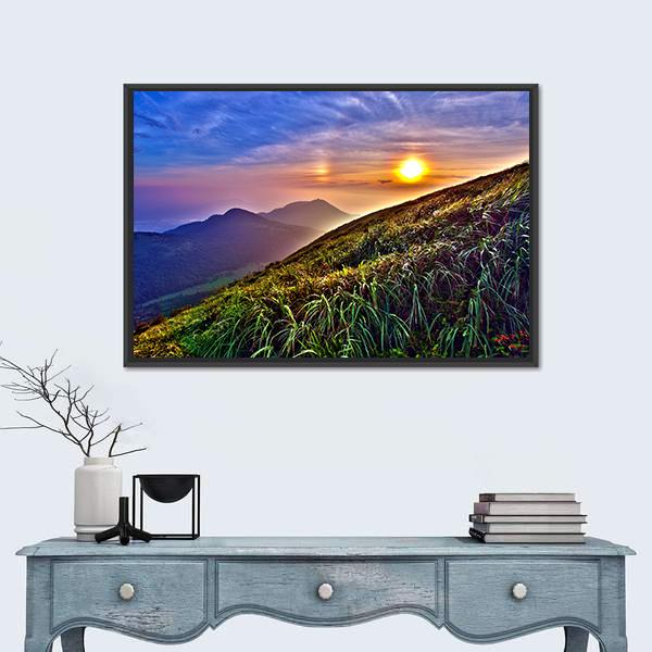 Sunset Around Mountains In Summer In Taiwan Canvas Wall Art-1 Piece-Floating Frame-24" x 16"-Tiaracle