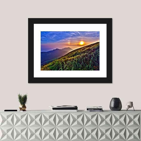 Sunset Around Mountains In Summer In Taiwan Canvas Wall Art-1 Piece-Framed Print-20" x 16"-Tiaracle
