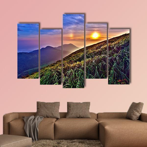 Sunset Around Mountains In Summer In Taiwan Canvas Wall Art-5 Pop-Gallery Wrap-47" x 32"-Tiaracle
