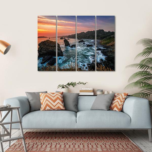 Sunset At A Rocky Beach Canvas Wall Art-4 Horizontal-Gallery Wrap-34" x 24"-Tiaracle