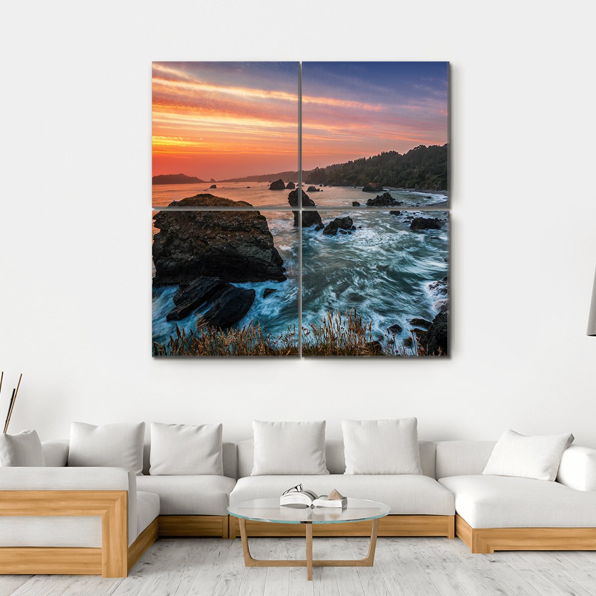 Sunset At A Rocky Beach Canvas Wall Art-4 Square-Gallery Wrap-17" x 17"-Tiaracle