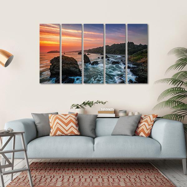 Sunset At A Rocky Beach Canvas Wall Art-5 Horizontal-Gallery Wrap-22" x 12"-Tiaracle