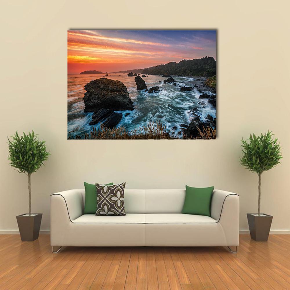 Sunset At A Rocky Beach Canvas Wall Art-1 Piece-Gallery Wrap-48" x 32"-Tiaracle