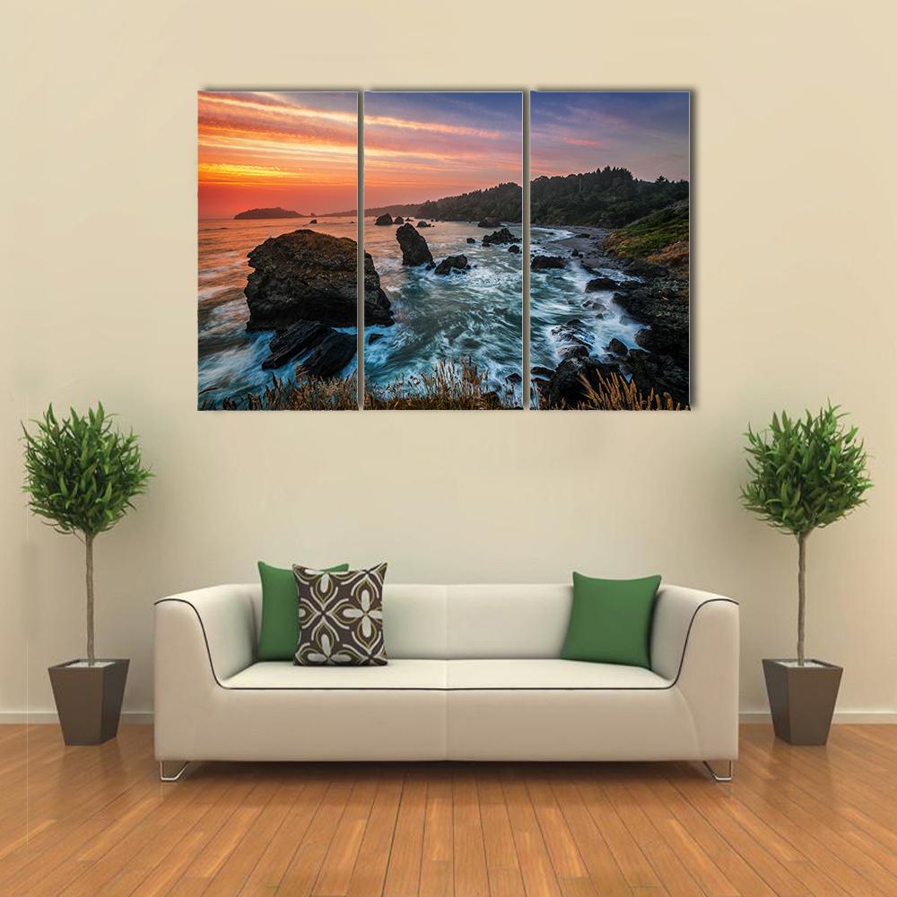 Sunset At A Rocky Beach Canvas Wall Art-3 Horizontal-Gallery Wrap-37" x 24"-Tiaracle