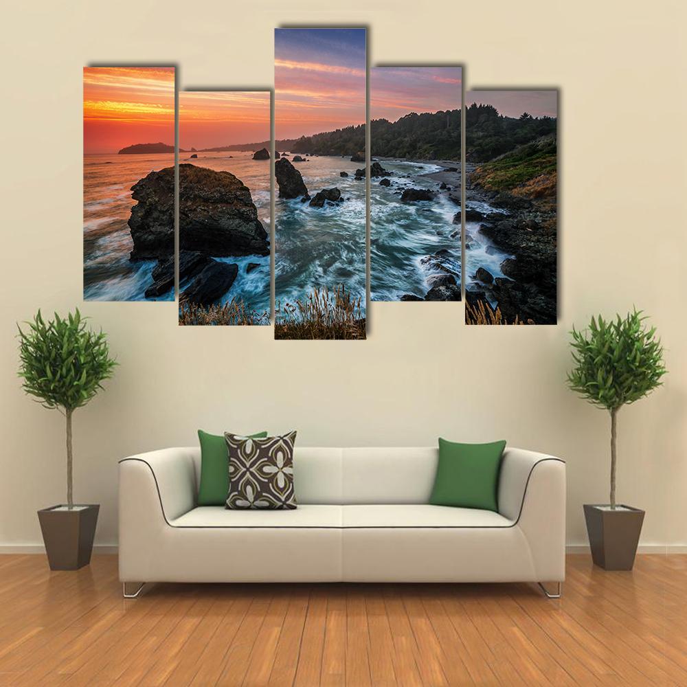 Sunset At A Rocky Beach Canvas Wall Art-5 Pop-Gallery Wrap-47" x 32"-Tiaracle