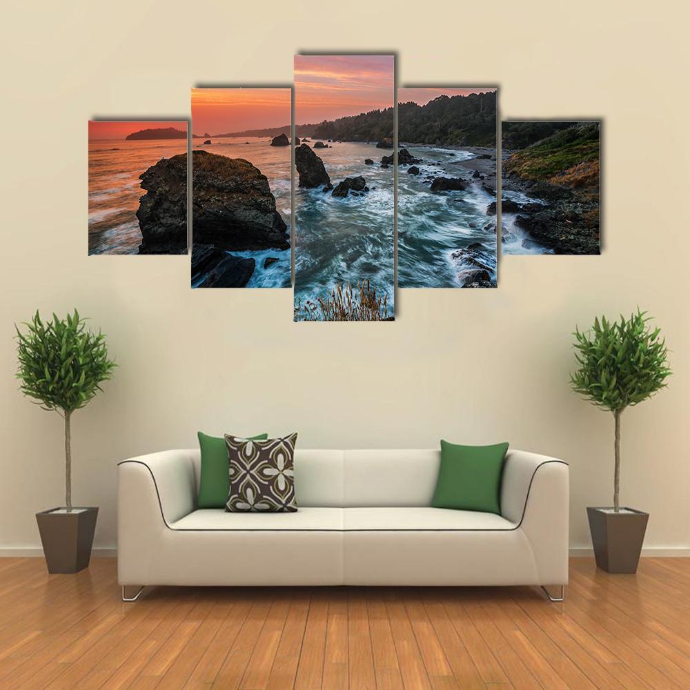 Sunset At A Rocky Beach Canvas Wall Art-5 Star-Gallery Wrap-62" x 32"-Tiaracle