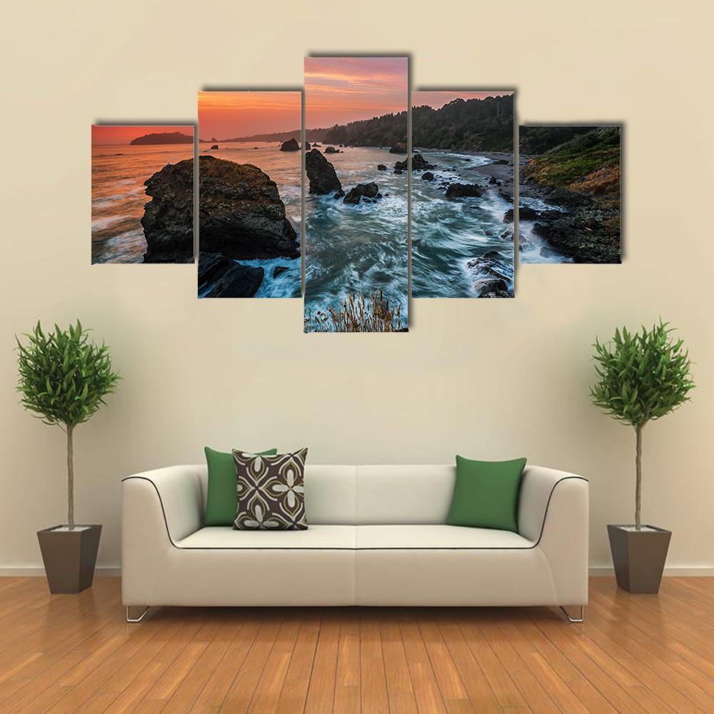 Sunset At A Rocky Beach Canvas Wall Art-4 Pop-Gallery Wrap-50" x 32"-Tiaracle