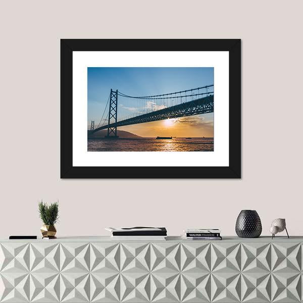 Sunset At Akashi Kaikyo Bridge Canvas Wall Art-1 Piece-Framed Print-20" x 16"-Tiaracle