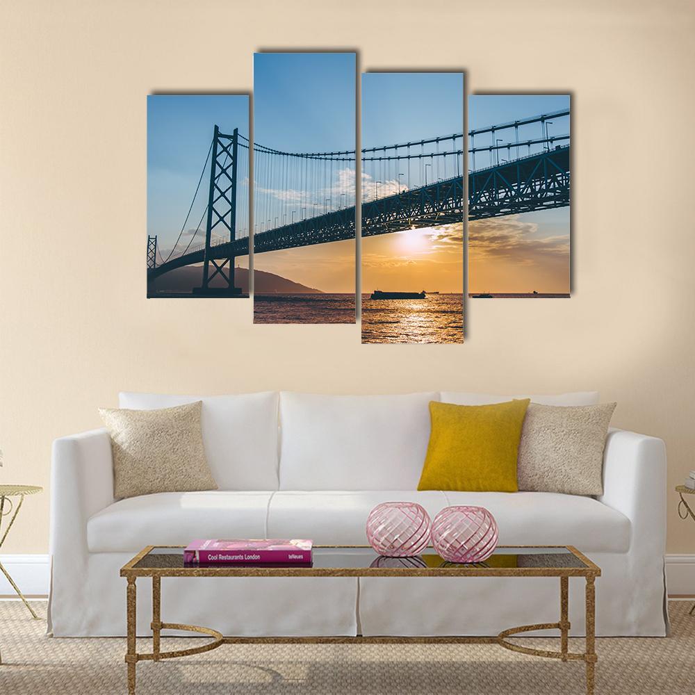 Sunset At Akashi Kaikyo Bridge Canvas Wall Art-4 Pop-Gallery Wrap-50" x 32"-Tiaracle