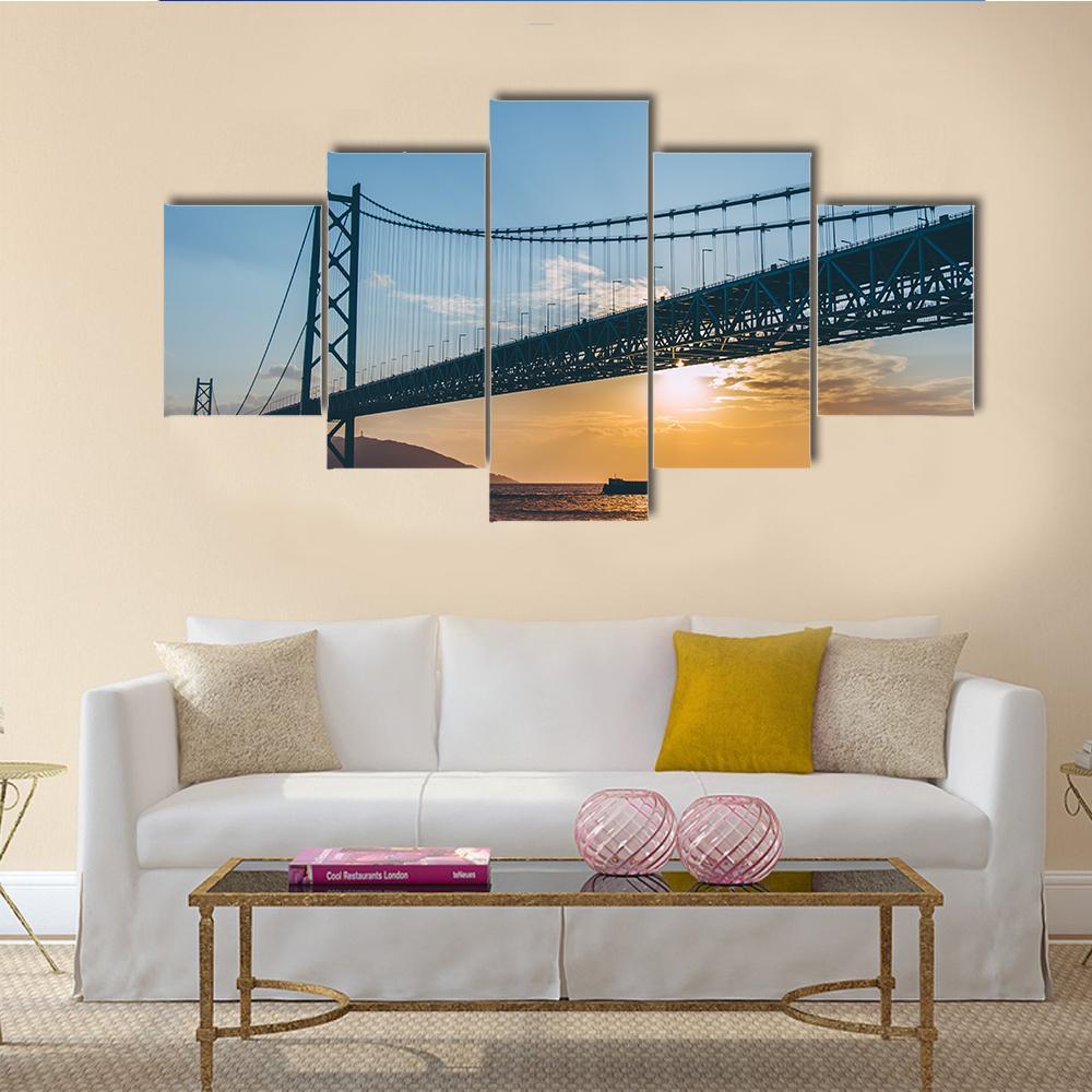 Sunset At Akashi Kaikyo Bridge Canvas Wall Art-5 Star-Gallery Wrap-62" x 32"-Tiaracle