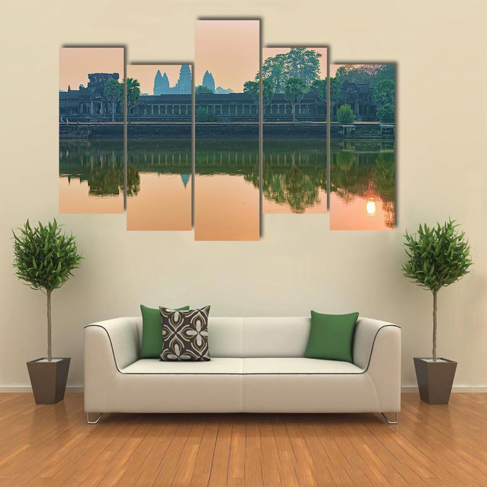 Sunset At Angkor Wat Temple Canvas Wall Art-5 Pop-Gallery Wrap-47" x 32"-Tiaracle