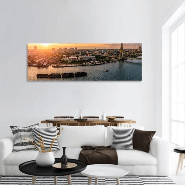 Sunset At Chao Phraya River Bangkok Panoramic Canvas Wall Art-1 Piece-36" x 12"-Tiaracle