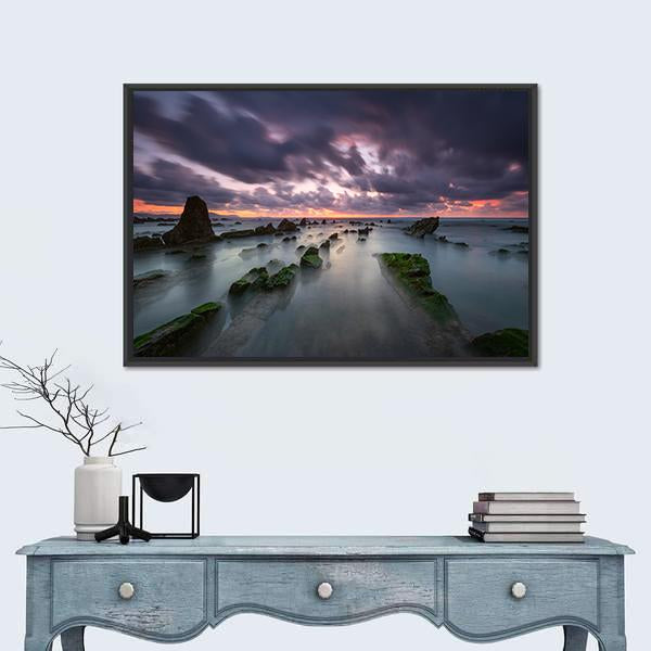 Sunset At Barrika Beach In Bizkaia Canvas Wall Art-1 Piece-Floating Frame-24" x 16"-Tiaracle