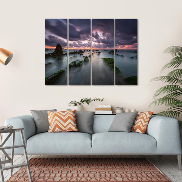 Sunset At Barrika Beach In Bizkaia Canvas Wall Art-4 Horizontal-Gallery Wrap-34" x 24"-Tiaracle