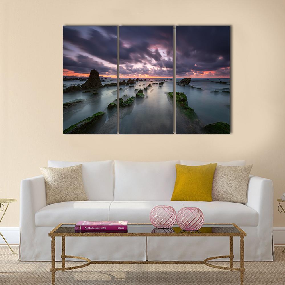 Sunset At Barrika Beach In Bizkaia Canvas Wall Art-3 Horizontal-Gallery Wrap-37" x 24"-Tiaracle