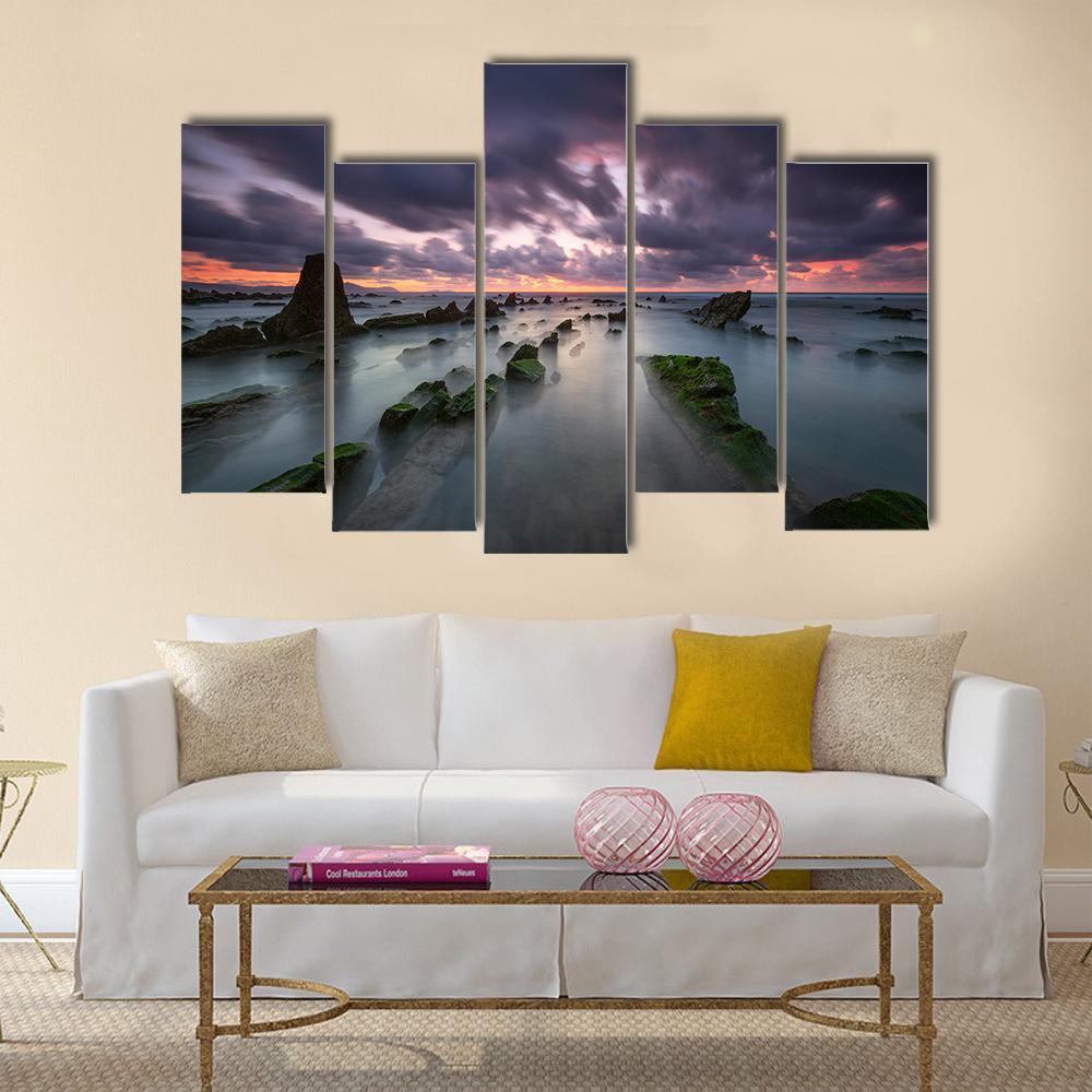 Sunset At Barrika Beach In Bizkaia Canvas Wall Art-5 Pop-Gallery Wrap-47" x 32"-Tiaracle