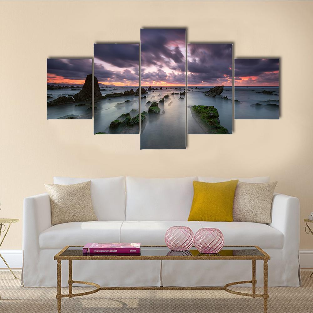 Sunset At Barrika Beach In Bizkaia Canvas Wall Art-5 Star-Gallery Wrap-62" x 32"-Tiaracle