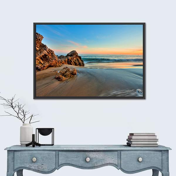 Sunset At California Beach Canvas Wall Art-1 Piece-Floating Frame-48" x 32"-Tiaracle