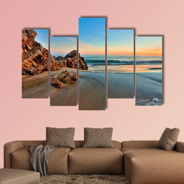 Sunset At California Beach Canvas Wall Art-5 Pop-Gallery Wrap-47" x 32"-Tiaracle