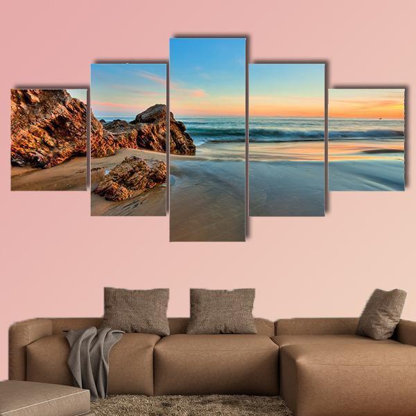 Sunset At California Beach Canvas Wall Art-5 Star-Gallery Wrap-62" x 32"-Tiaracle