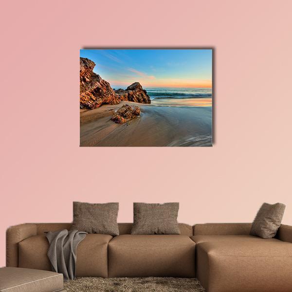 Sunset At California Beach Canvas Wall Art-1 Piece-Gallery Wrap-48" x 32"-Tiaracle