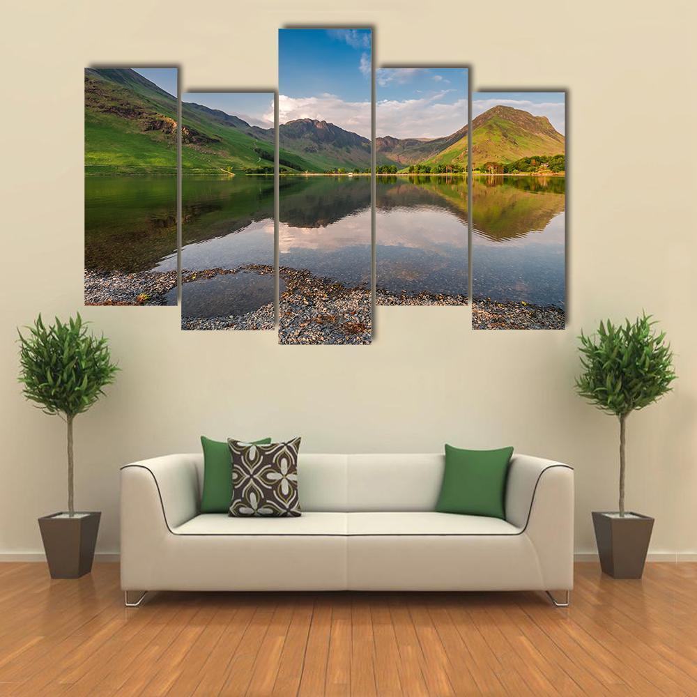Sunset At Calm Lake Canvas Wall Art-5 Pop-Gallery Wrap-47" x 32"-Tiaracle