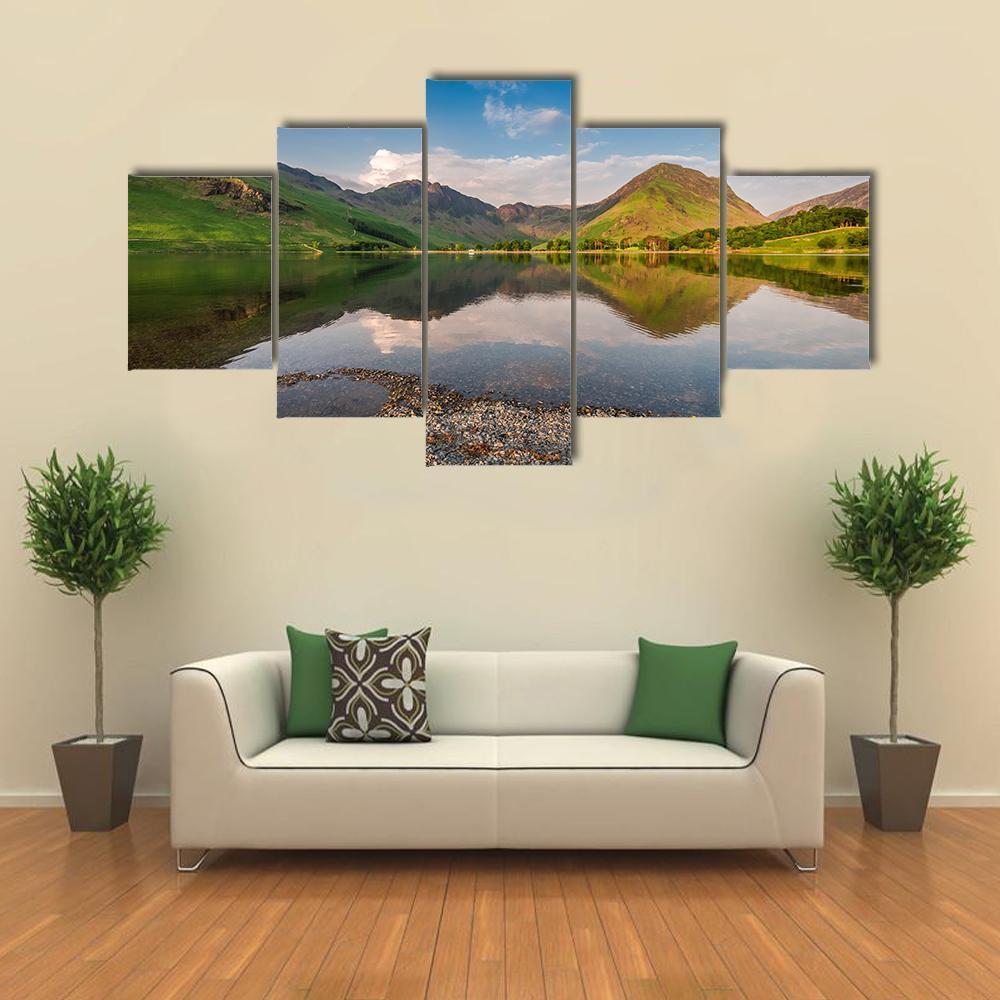 Sunset At Calm Lake Canvas Wall Art-5 Star-Gallery Wrap-62" x 32"-Tiaracle