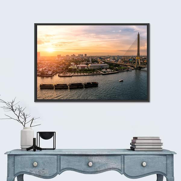 Sunset At Chao Phraya River Bangkok Canvas Wall Art-1 Piece-Floating Frame-24" x 16"-Tiaracle