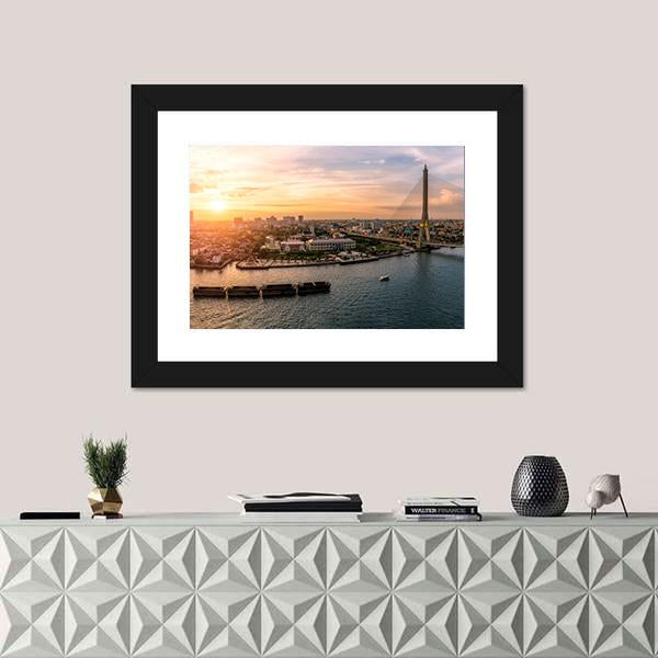 Sunset At Chao Phraya River Bangkok Canvas Wall Art-1 Piece-Framed Print-20" x 16"-Tiaracle