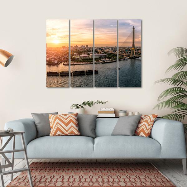 Sunset At Chao Phraya River Bangkok Canvas Wall Art-4 Horizontal-Gallery Wrap-34" x 24"-Tiaracle