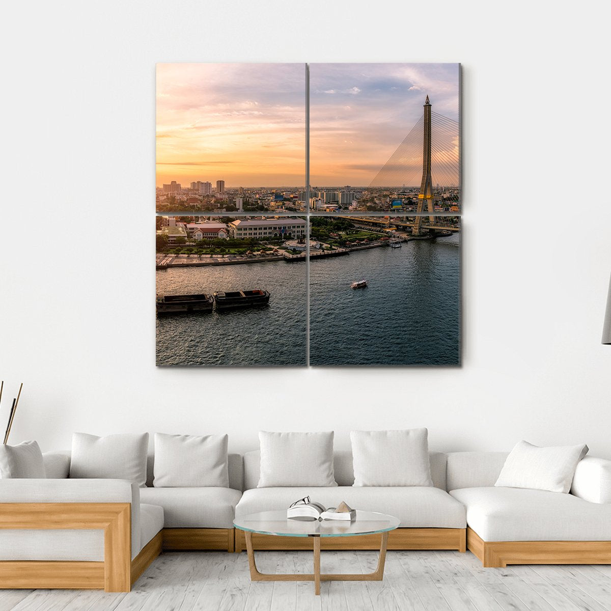 Sunset At Chao Phraya River Bangkok Canvas Wall Art-4 Square-Gallery Wrap-17" x 17"-Tiaracle
