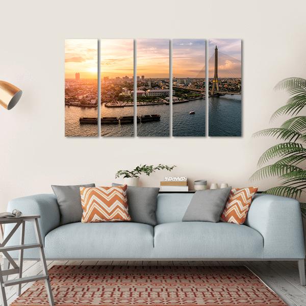 Sunset At Chao Phraya River Bangkok Canvas Wall Art-5 Horizontal-Gallery Wrap-22" x 12"-Tiaracle