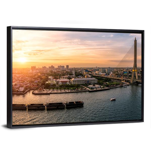Sunset At Chao Phraya River Bangkok Canvas Wall Art-3 Horizontal-Gallery Wrap-25" x 16"-Tiaracle