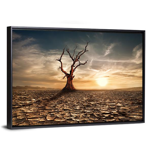 Sunset At Drought Cracked Desert Canvas Wall Art-3 Horizontal-Gallery Wrap-25" x 16"-Tiaracle