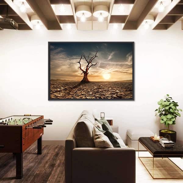Sunset At Drought Cracked Desert Canvas Wall Art-3 Horizontal-Gallery Wrap-25" x 16"-Tiaracle
