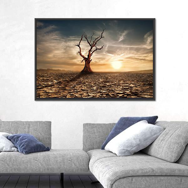 Sunset At Drought Cracked Desert Canvas Wall Art-3 Horizontal-Gallery Wrap-25" x 16"-Tiaracle