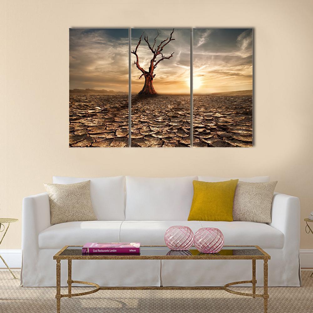 Sunset At Drought Cracked Desert Canvas Wall Art-3 Horizontal-Gallery Wrap-37" x 24"-Tiaracle
