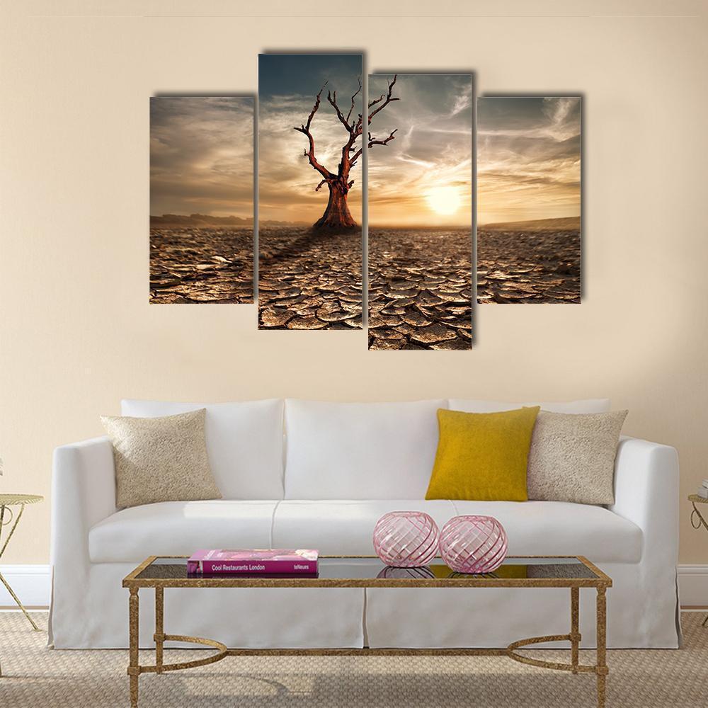 Sunset At Drought Cracked Desert Canvas Wall Art-4 Pop-Gallery Wrap-50" x 32"-Tiaracle