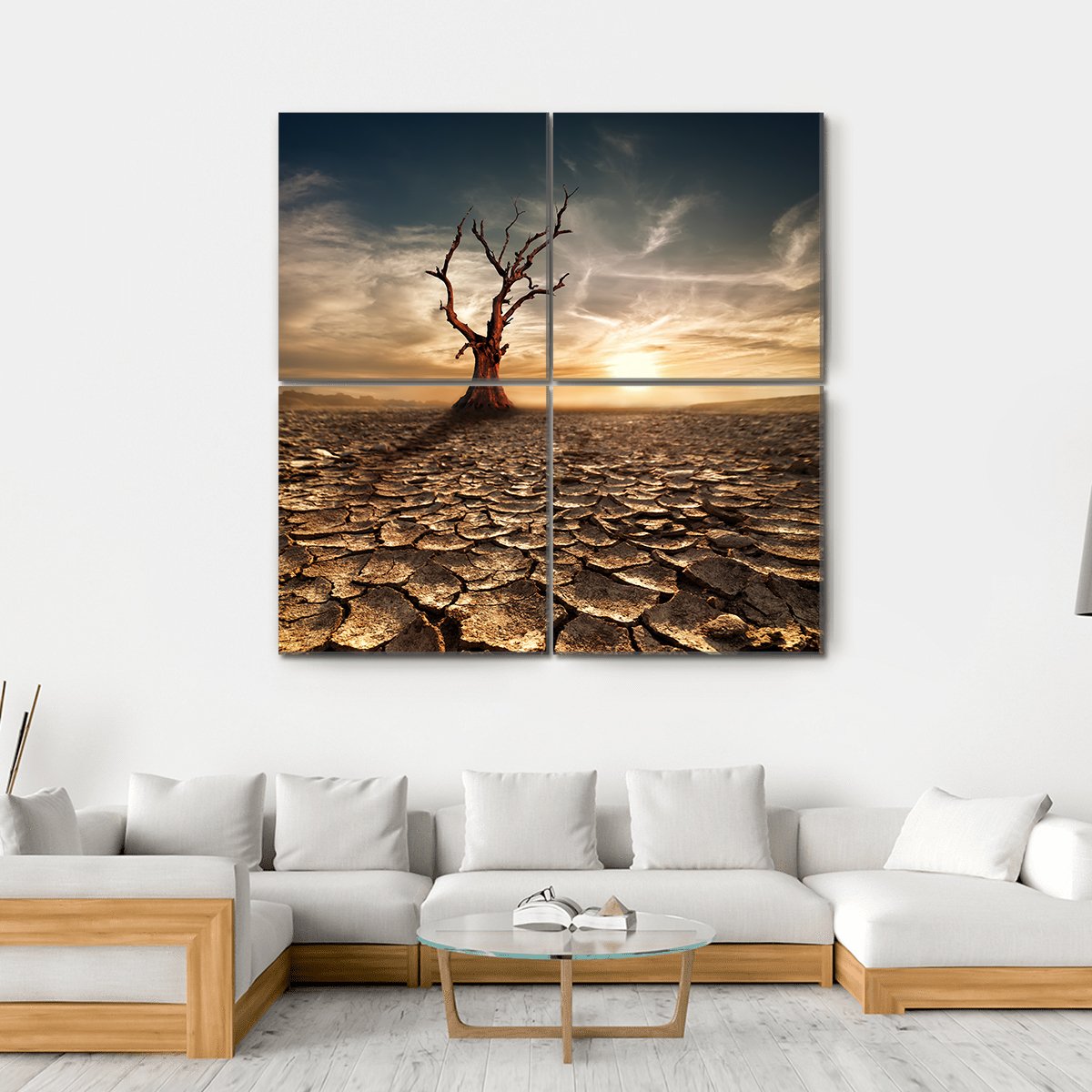 Sunset At Drought Cracked Desert Canvas Wall Art-4 Square-Gallery Wrap-17" x 17"-Tiaracle