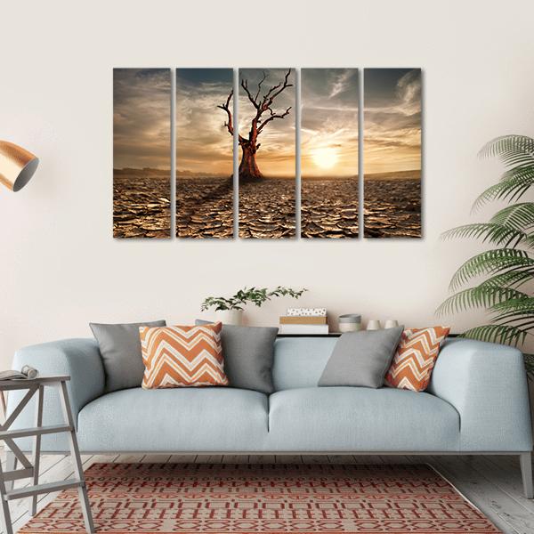 Sunset At Drought Cracked Desert Canvas Wall Art-5 Horizontal-Gallery Wrap-22" x 12"-Tiaracle