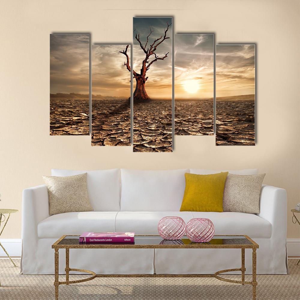 Sunset At Drought Cracked Desert Canvas Wall Art-5 Pop-Gallery Wrap-47" x 32"-Tiaracle