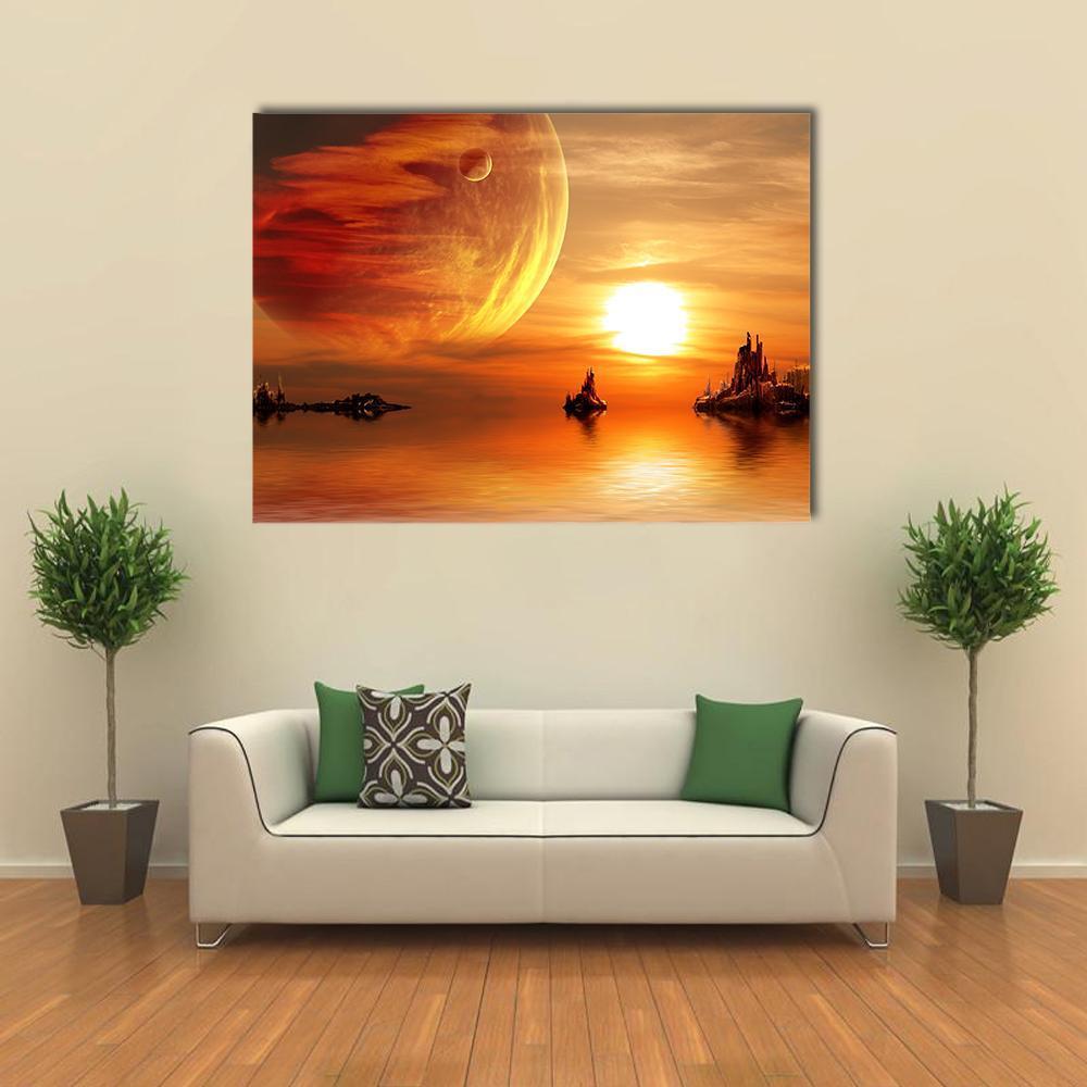 Fantasy Planet at Sunset Canvas Wall Art in red, orange and yellow, single panel hung on a wall