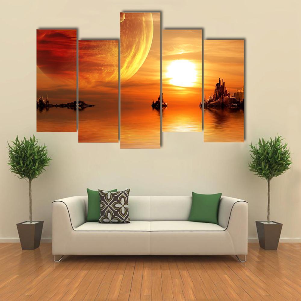 Sunset At Fantasy Planet Canvas Wall Art-5 Pop-Gallery Wrap-47" x 32"-Tiaracle