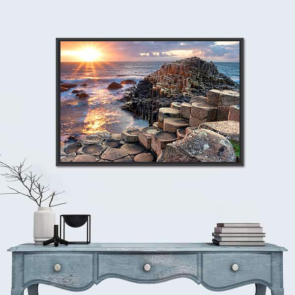 Giant's Causeway Sunset Over Basalt Columns Canvas Wall Art in brown, orange and blue, framed canvas, product view on a white background