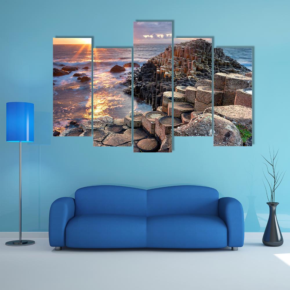 Sunset At Giant s Causeway In North Antrim Canvas Wall Art-5 Pop-Gallery Wrap-47" x 32"-Tiaracle