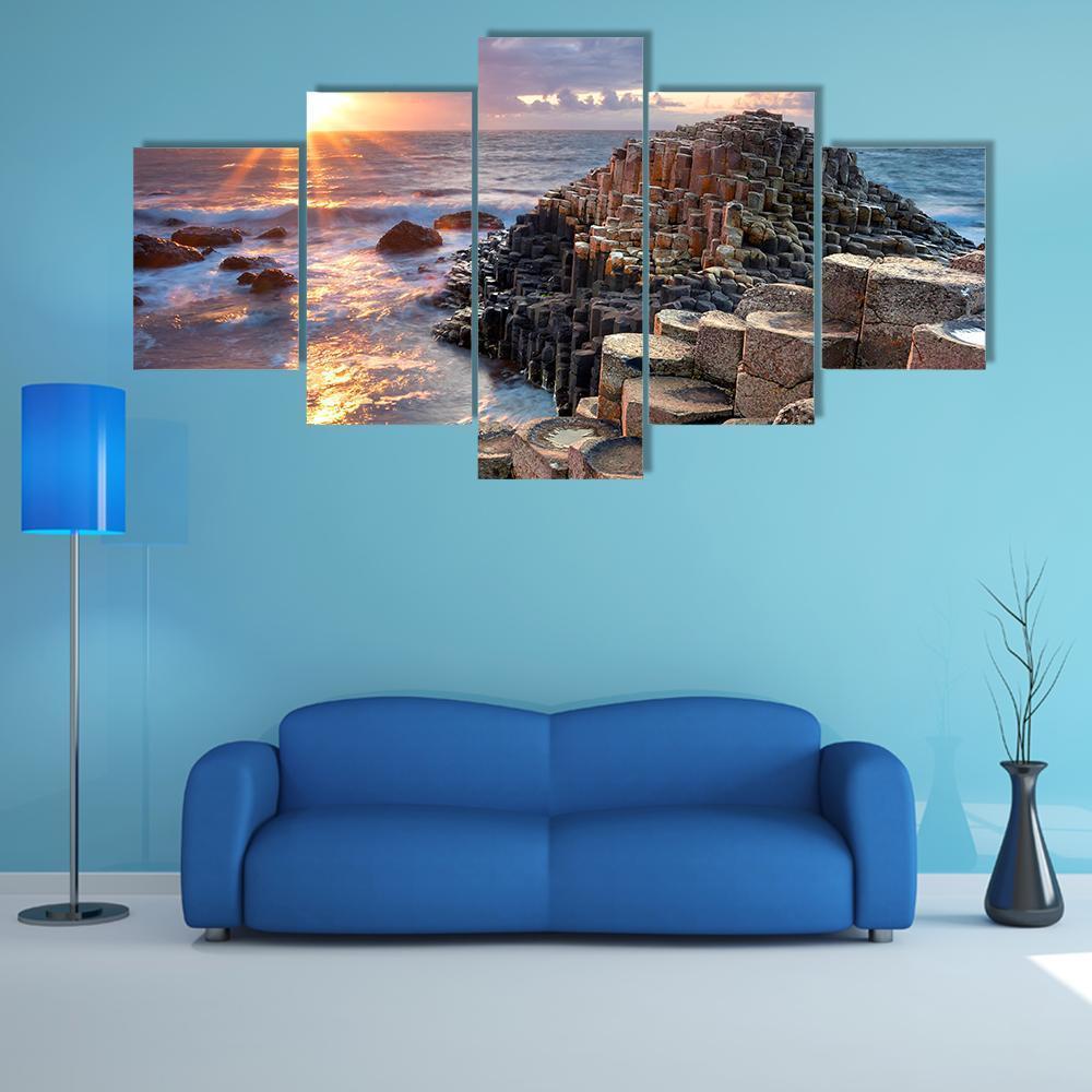 Sunset At Giant s Causeway In North Antrim Canvas Wall Art-5 Star-Gallery Wrap-62" x 32"-Tiaracle