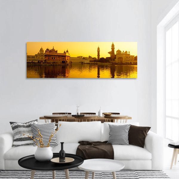 Sunset At Golden Temple In Amritsar Panoramic Canvas Wall Art-3 Piece-25" x 08"-Tiaracle